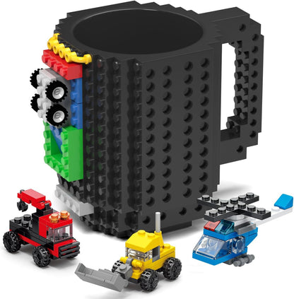 Build-On Brick Mug Set with 3 Random Packs of 2-In-1 Bricks, Cool Coffee Mugs for Kids, Creative Novelty Funny Coffee Mug Cup Gift for Kids Men Dad Adults Women Xmas Christmas - Black