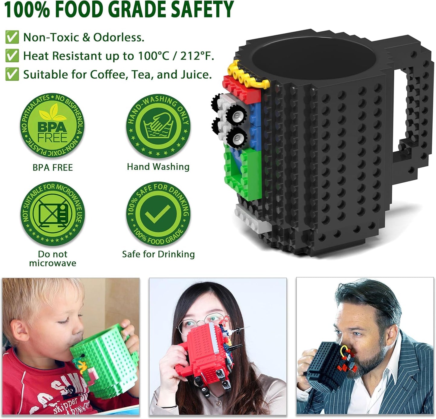 Build-On Brick Mug Set with 3 Random Packs of 2-In-1 Bricks, Cool Coffee Mugs for Kids, Creative Novelty Funny Coffee Mug Cup Gift for Kids Men Dad Adults Women Xmas Christmas - Black