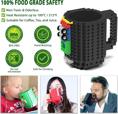 Build-On Brick Mug Set with 3 Random Packs of 2-In-1 Bricks, Cool Coffee Mugs for Kids, Creative Novelty Funny Coffee Mug Cup Gift for Kids Men Dad Adults Women Xmas Christmas - Black